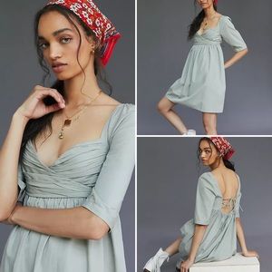 Anthropologie: Ruched Puff-Sleeved Babydoll Mini Dress